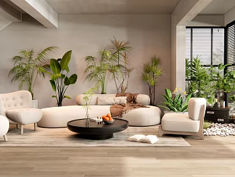 Cream Style Living Room Mori Sofa Coffee Table Leisure Chair Plant Potted Green Plant 3d model
