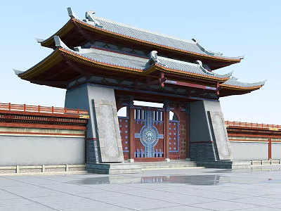 Ancient Chinese Architecture Featuring Classic Double Eaves Roof And Carved Red Gate Entrance 3d model
