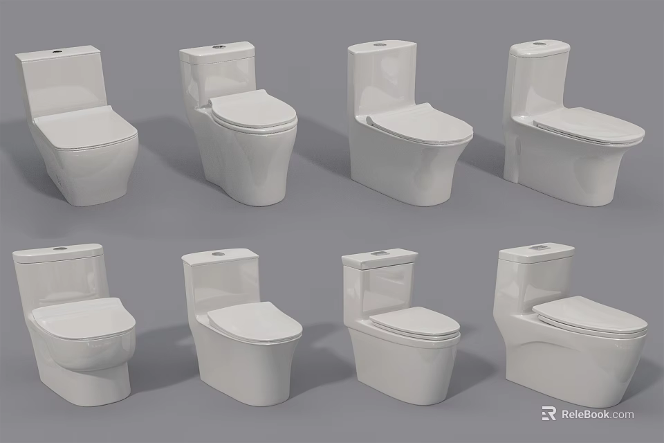 Different Types of White Toilets in Various Styles Arranged for 3d model 