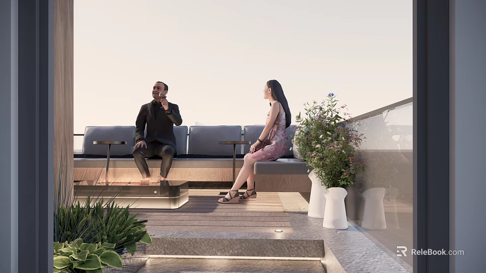 Relaxing Roof Garden With People Sitting On Outdoor Seating And Green Plants 3d model 