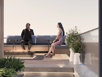 Relaxing Roof Garden With People Sitting On Outdoor Seating And Green Plants 3d model
