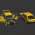 Yellow Car with Open Doors and Hood and Another Side Rear View with Reflection