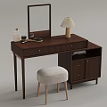 Wooden Dressing Table With Mirror Lamp Stool And Storage Drawers 3d model