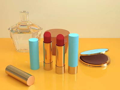 Glamorous Perfume Cosmetics Collection with Lipsticks Blush Compact and Transparent Bottle on Yellow Surface 3d model