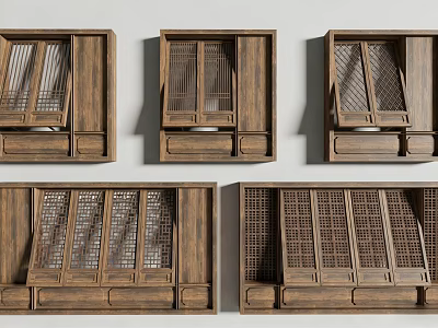 Traditional Wooden Grille Doors And Windows With Intricate Lattice Patterns And Brown Finish 3d model