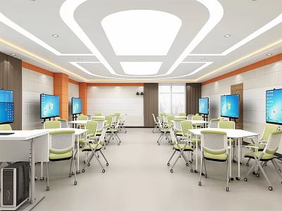 School Modern Computer Classroom With Desks Chairs Computers Screens White Orange Decor And Bright Lighting 3d model