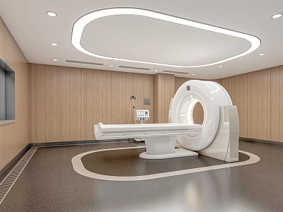 Hospital Outpatient Clinic Modern Examination Room With CT Scanner Wooden Walls And Ceiling Lighting 3d model