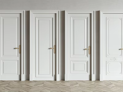 White Hinged Doors With Various Panel Designs And Golden Handles For Home Interior 3d model