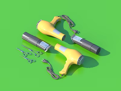 Yellow And Gray Hair Dryers With Scissors And Cables For Household Essentials 3d model