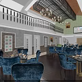 Elegant Restaurant Interior With Blue Chairs Tables Chandeliers Brick Walls Open Upper Level And TV