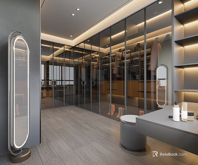 Modern Walk in Closet Interior With Glass Doors Lighting Mirror And Dressing Table 3d model 