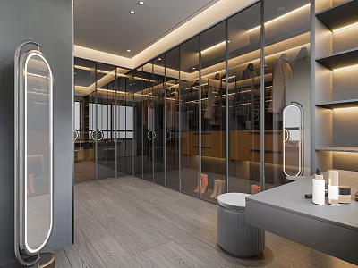Modern Walk in Closet Interior With Glass Doors Lighting Mirror And Dressing Table 3d model