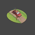 Red Car On Dirt Road With Road Sign Grass Flowers And Roof Luggage