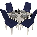 Dining Table Set With Square Rectangular Shapes And Blue Wooden Gray Chairs 3d model
