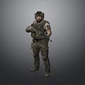 Military Soldier in Camouflage Uniform with Tactical Helmet and Rifle Standing Against Gray Background