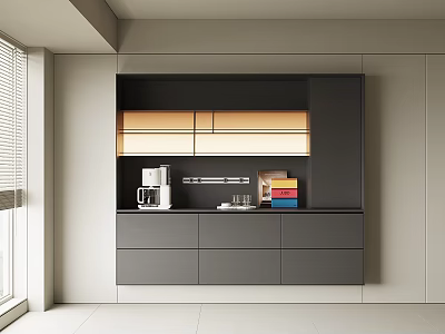 Modern Dark Gray Sideboard With Upper Cabinets Drawers And Coffee Machine On Open Shelf 3d model