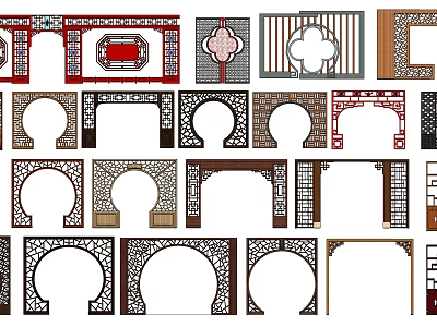 Chinese Traditional Building Exterior Wall with Carved Decorative Doorways and Ornate Window Grilles 3d model