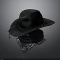 Stylish Black Cowboy Hat With Patterned Bandana And Cross Pendant