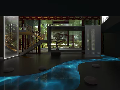 Modern Indoor Courtyard Space With Blue Water Flow Black Floor Round Stones And Wooden Structure 3d model