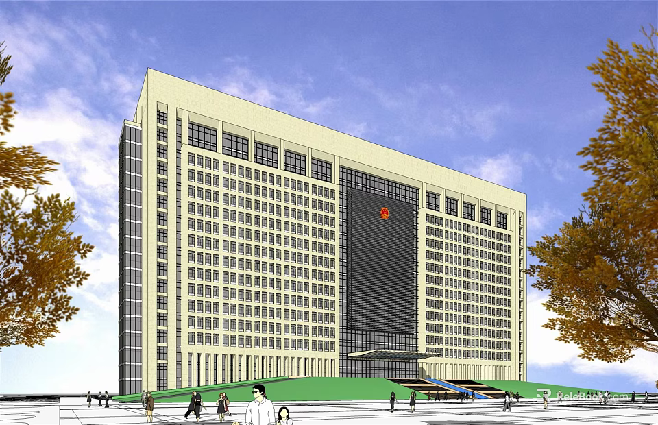 Modern High Rise Office Building Featuring Glass Curtain Wall Red Logo Green Lawn Pedestrians Trees 3d model 
