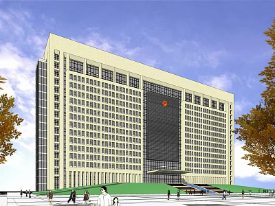 Modern High Rise Office Building Featuring Glass Curtain Wall Red Logo Green Lawn Pedestrians Trees 3d model