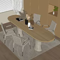 Modern Light Wood Oval Dining Table Set With Four Chairs And Decorative Items 3d model