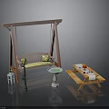 Outdoor Garden Furniture Set With Pink Swing Picnic Table And Water Fountain