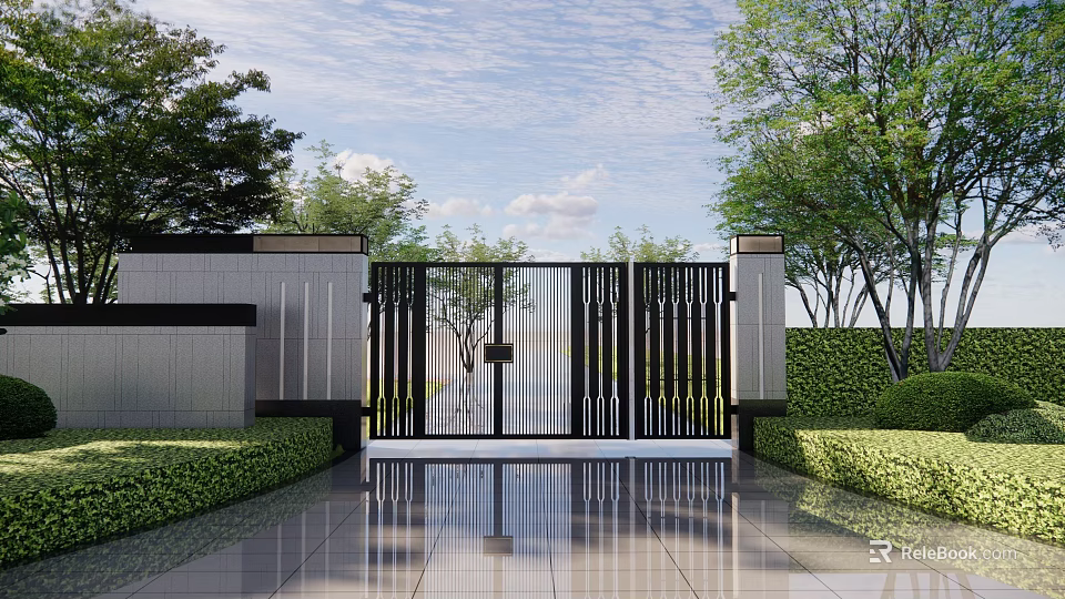 Modern Gray Building Exterior Wall with Black Metal Gate Greenery and Sleek Floor Reflection 3d model 