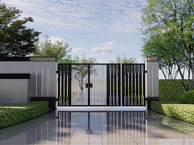 Modern Gray Building Exterior Wall with Black Metal Gate Greenery and Sleek Floor Reflection 3d model