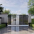 Modern Gray Building Exterior Wall with Black Metal Gate Greenery and Sleek Floor Reflection
