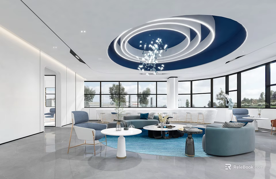 Modern Lounge Area With Circular Ceiling Chandelier White Blue Sofas And Floor to Ceiling Windows 3d model 