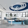 Modern Lounge Area With Circular Ceiling Chandelier White Blue Sofas And Floor to Ceiling Windows
