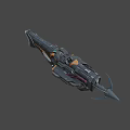 3D Rendered Sci-Fi Weapon With Orange Black Accents Complex Mechanical Structure And Glowing Display Lens