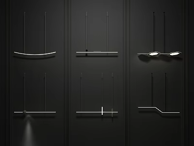 Six Modern Minimalist Chandeliers Featuring Different Designs with Lighting Effects on Black Background 3d model