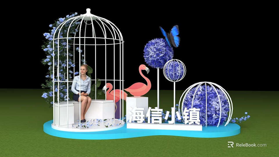 Floral Installation with White Birdcage Flamingo Butterfly Green Plants and Blue Floral Balls 3d model 