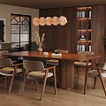 Wooden Dining Table Set with Chairs Pendant Light and Indoor Potted Plant