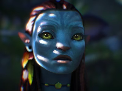 Blue Skinned Movie Character With Yellow Eyes Long Braided Hair Colorful Feathers And Green Necklace 3d model