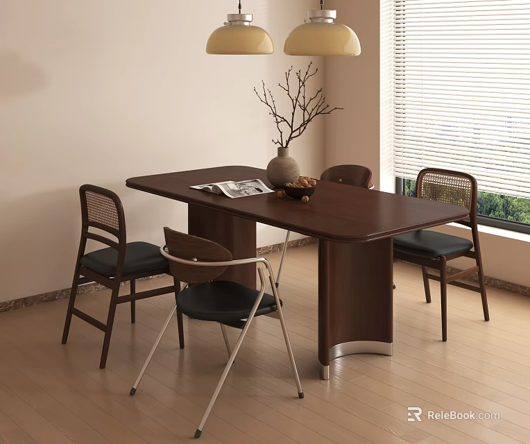 Modern Wooden Dining Table Set With Four Chairs Vase Branches And Magazine 3d model 