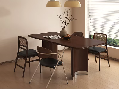 Modern Wooden Dining Table Set With Four Chairs Vase Branches And Magazine 3d model