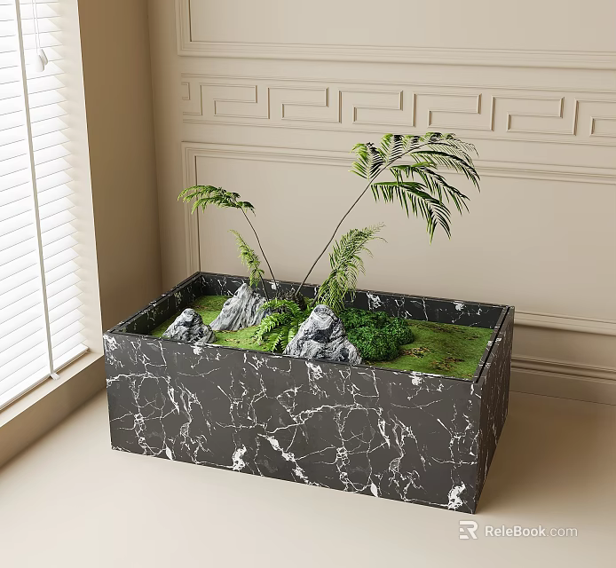 Indoor Green Plants And Stones In Black Marble Planter For Room Decor 3d model 