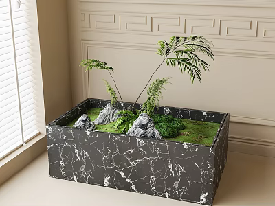 Indoor Green Plants And Stones In Black Marble Planter For Room Decor 3d model