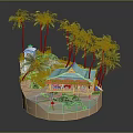 Cartoon Island Scene With Blue Roof Cottage Palm Trees And Water Area
