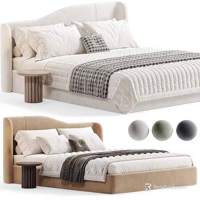 Elegant Double Bed Design With White Quilt Pillows Checkered Blanket And Bedside Table Color Options 3d model 