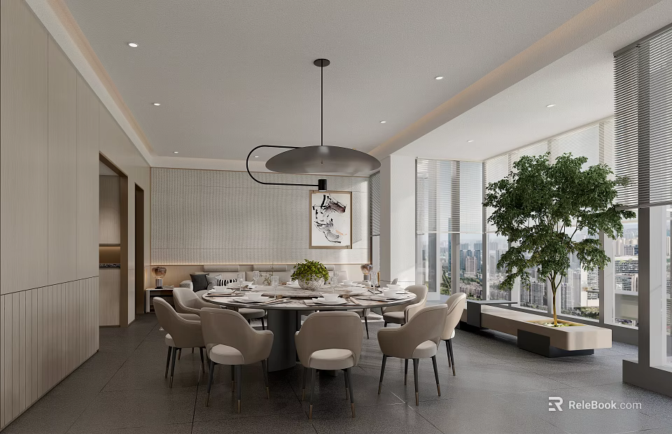 Modern Private Dining Room With Round Dining Table Chairs Pendant Light And City View 3d model 
