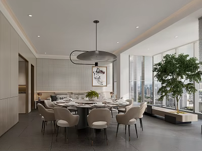 Modern Private Dining Room With Round Dining Table Chairs Pendant Light And City View 3d model