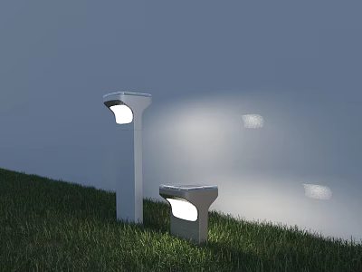 Modern Outdoor Lights on Green Grass Illuminating White Wall with Two Sizes 3d model