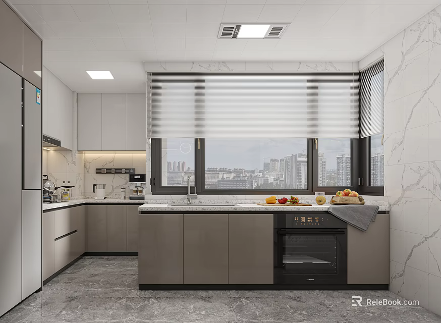 Modern Kitchen Interior Design With Marble Countertops Cabinets Appliances And City View Windows 3d model 