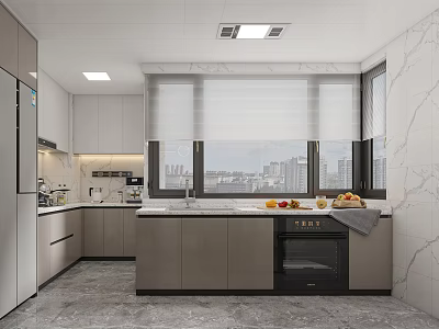 Modern Kitchen Interior Design With Marble Countertops Cabinets Appliances And City View Windows 3d model