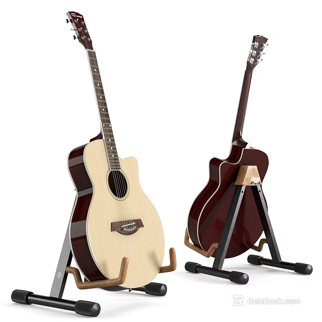 Natural And Dark Wood Acoustic Guitars On Wooden Stands For Musical Display Setup 3d model 