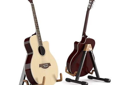 Natural And Dark Wood Acoustic Guitars On Wooden Stands For Musical Display Setup 3d model